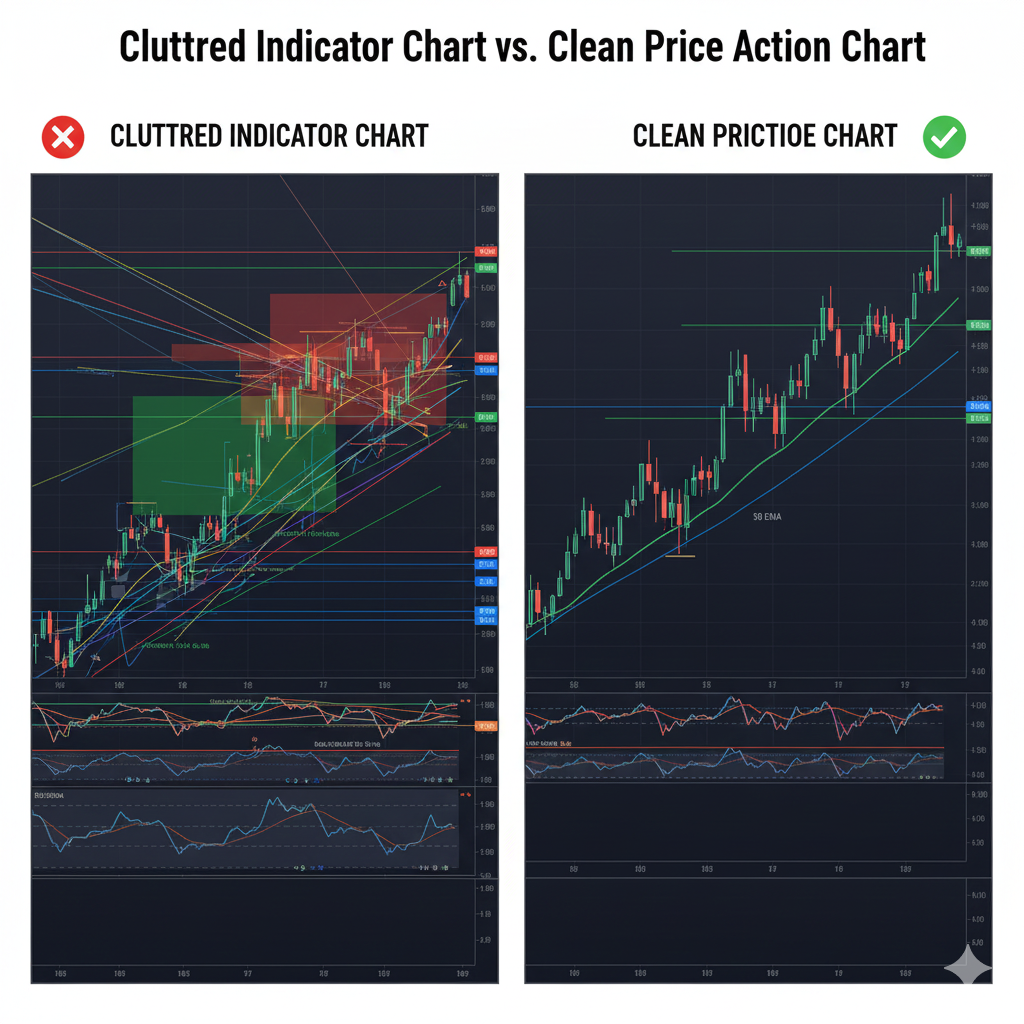 Comparison between cluttered indicator chart and clean price action chart