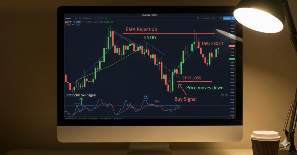 orex 5-minute scalping sell setup with EMA rejection and stochastic overbought signal