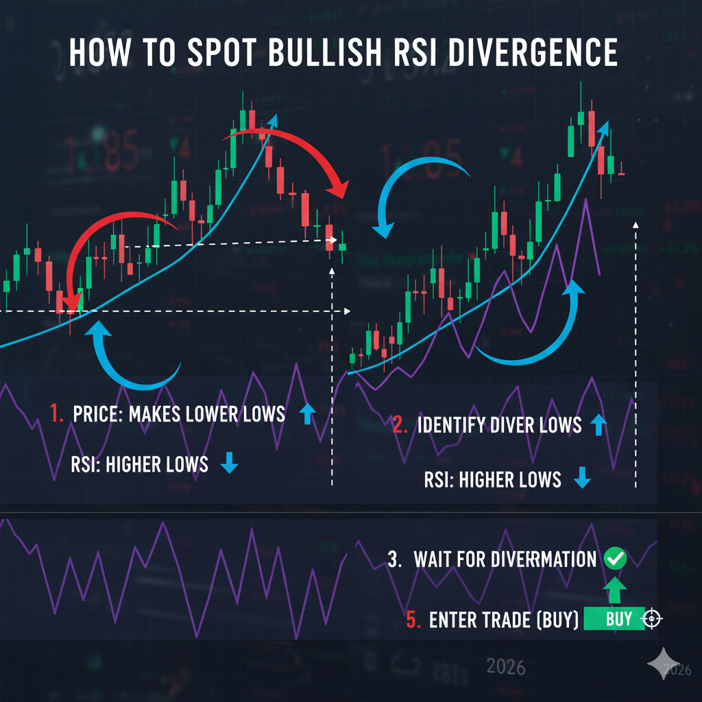 RSI divergence with multiple confirmation signals including support resistance and moving averages