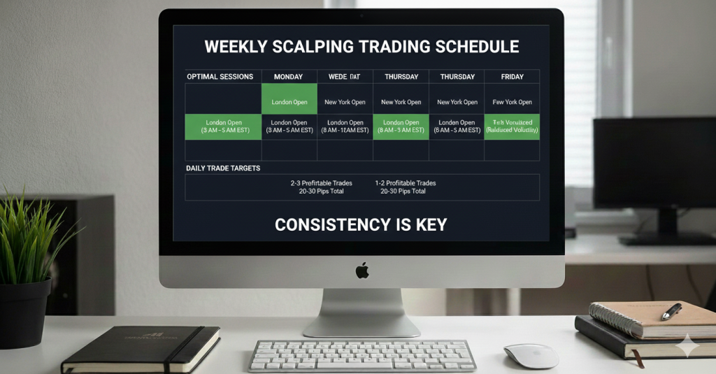 Weekly forex scalping schedule with best trading times and profit targets