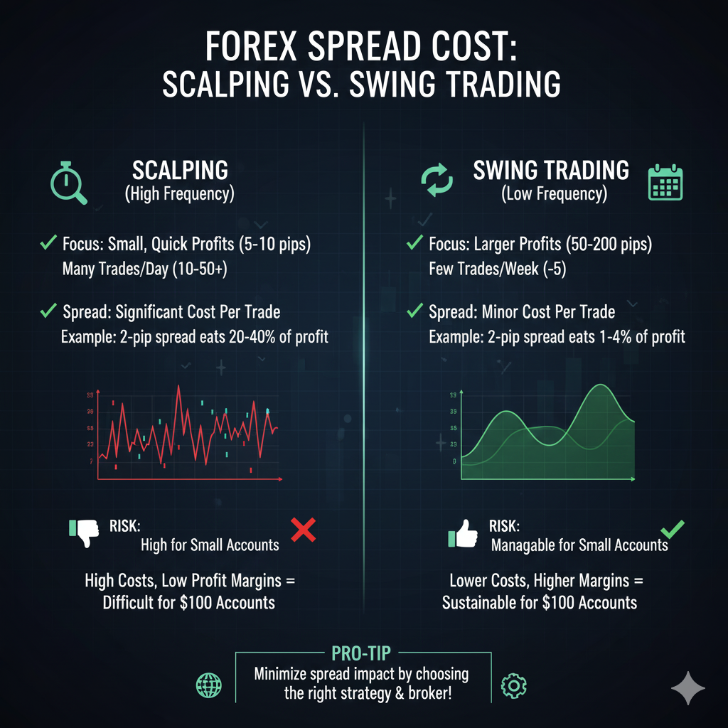 How spread costs affect scalping versus swing trading strategies with small accounts