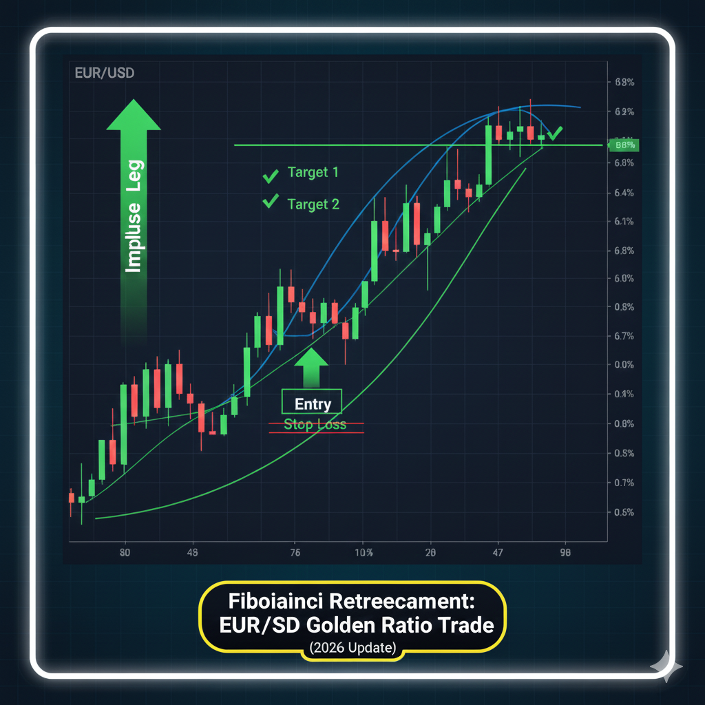 Real Fibonacci retracement trade example on EUR/USD showing 61.8 golden ratio setup