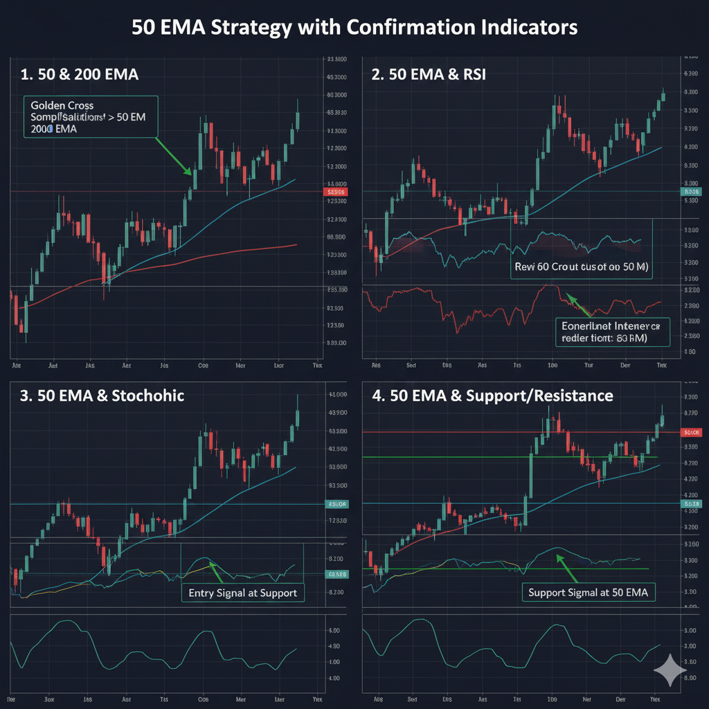 "50 EMA strategy combined with 200 EMA, RSI, Stochastic, and support resistance levels