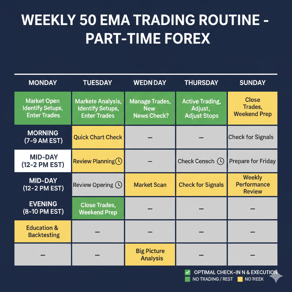 Weekly 50 EMA trading routine schedule for part-time forex traders