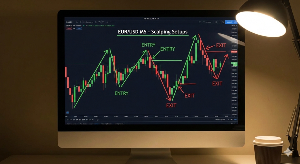 5-minute forex chart showing scalping setup examples with entry and exit points