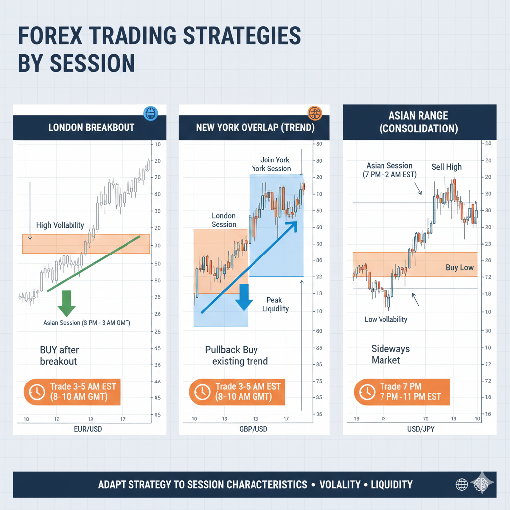 Example forex trading strategies for London breakout, New York overlap trend, and Asian range