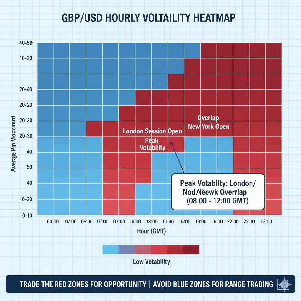 GBP/USD hourly volatility heatmap showing peak trading times