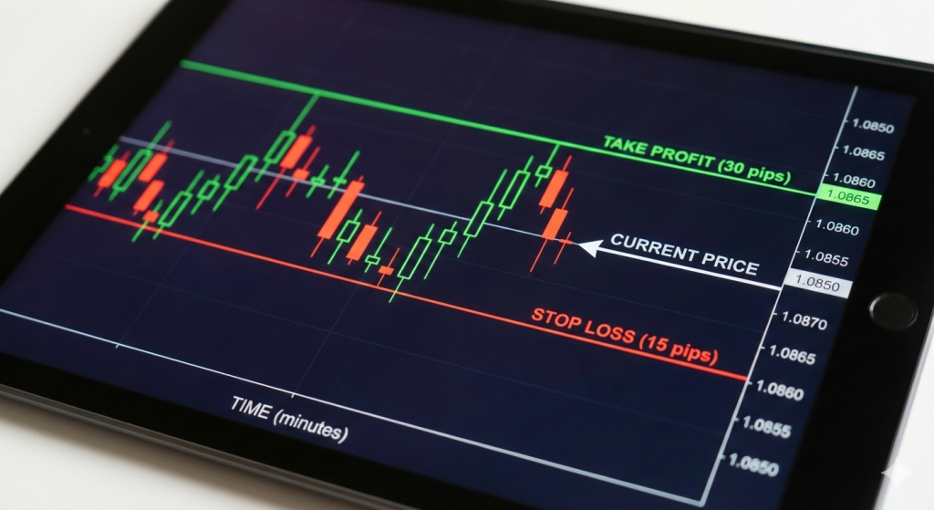 Forex chart displaying stop loss and take profit levels calculated in pips