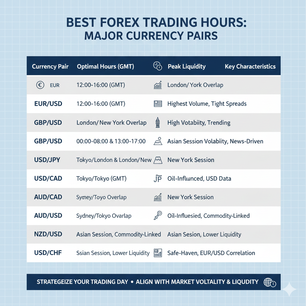 Best forex trading hours comparison table for major currency pairs