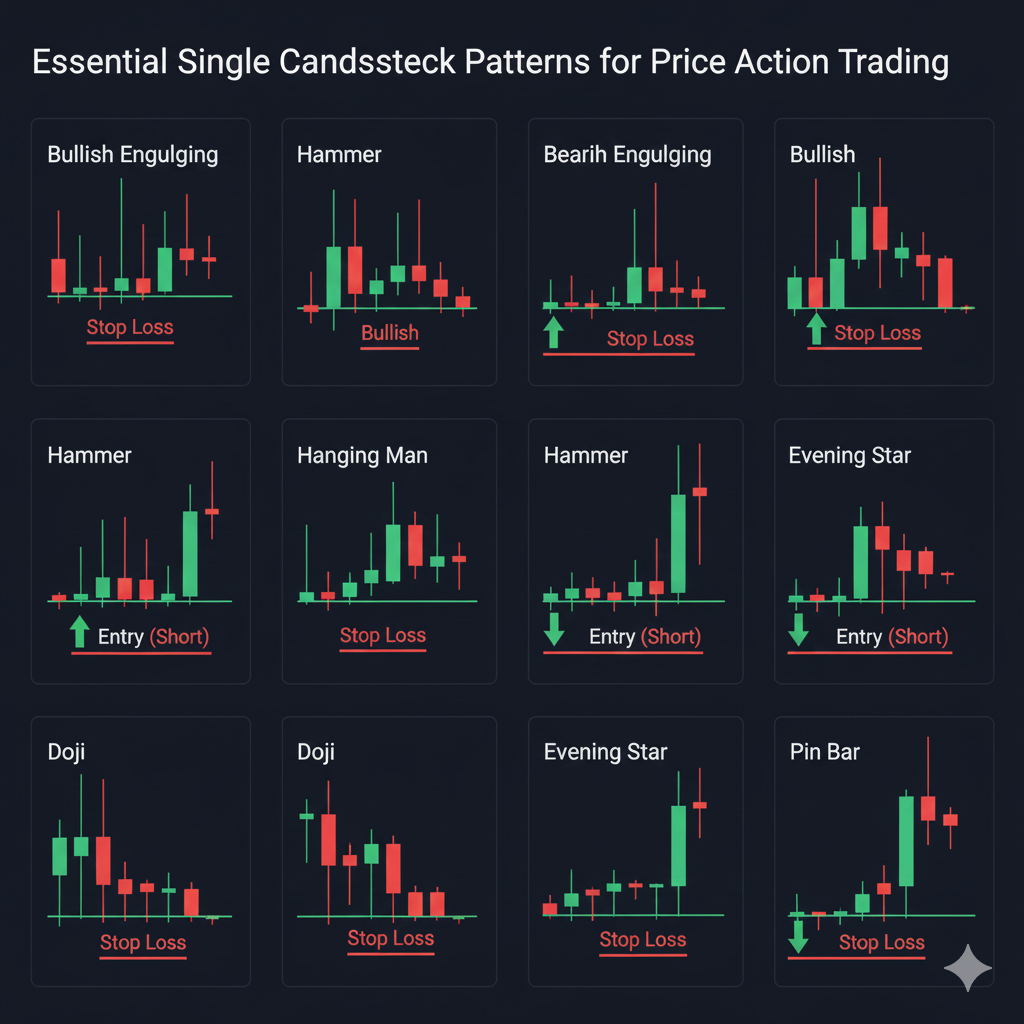 Essential candlestick patterns for price action trading with entry and stop loss examples