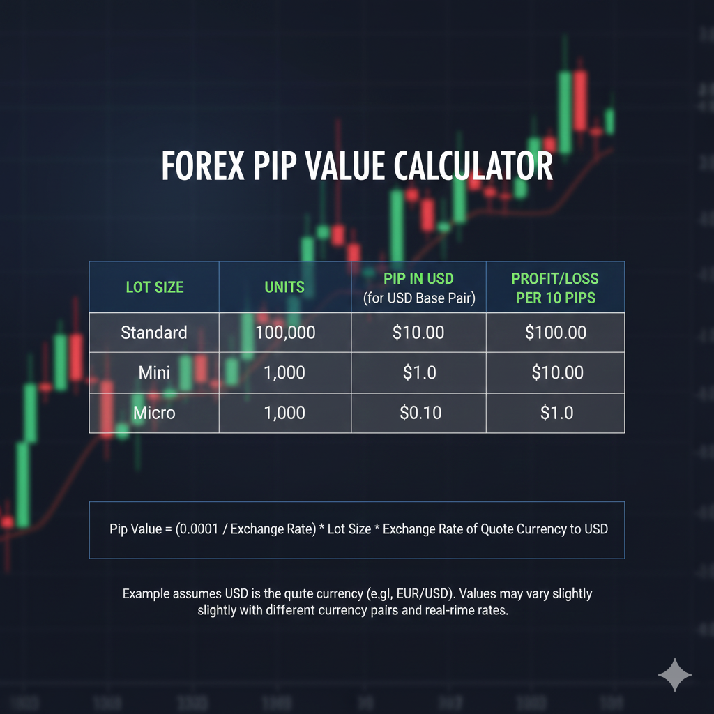 Pip value calculation examples for standard, mini, and micro lots