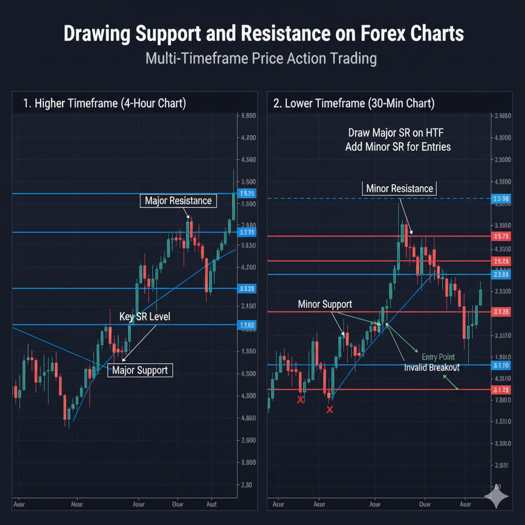 How to draw support and resistance levels on forex charts for price action trading