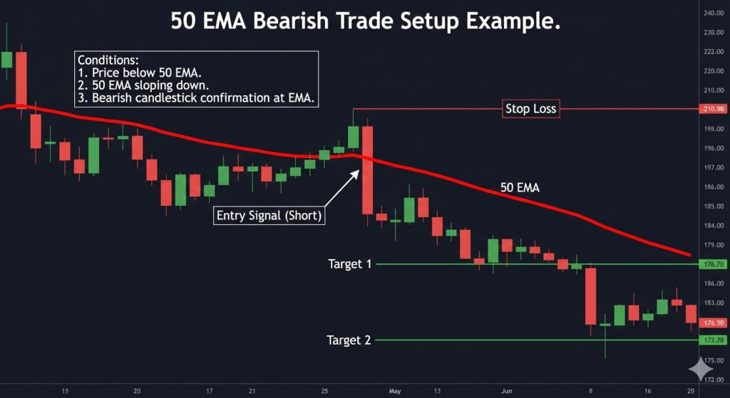 50 EMA bearish trade setup example showing entry signal, stop loss placement, and profit targets