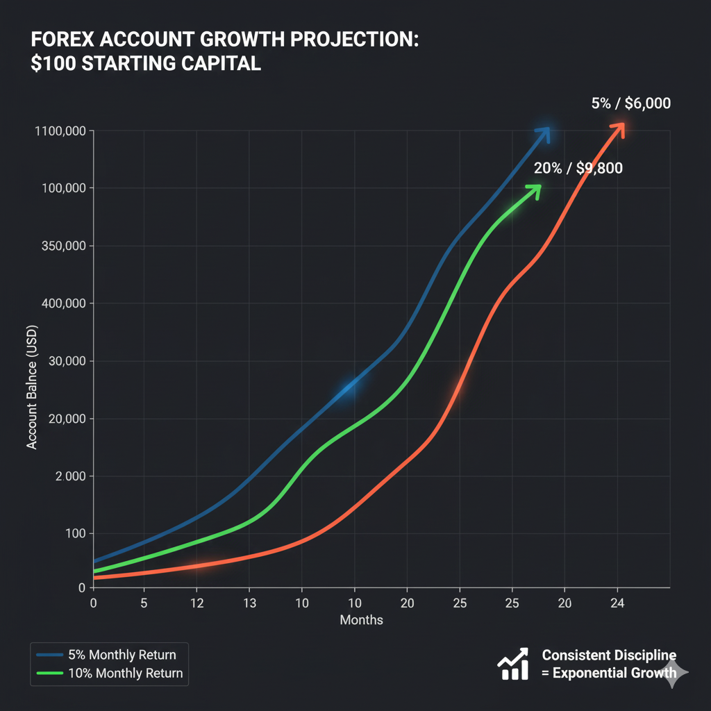 Forex account growth projections from $100 starting capital at 5%, 10%, and 20% monthly returns