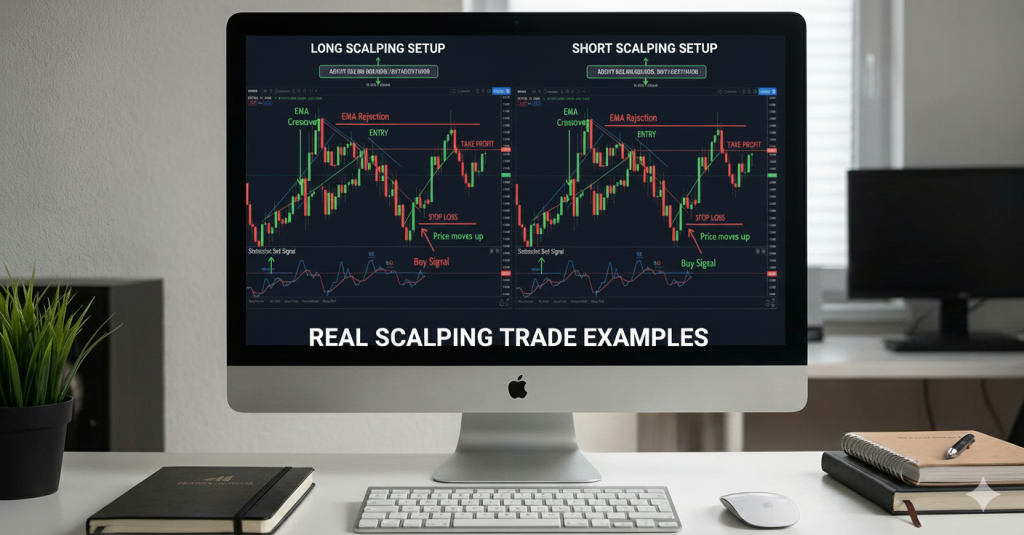 Real forex scalping trade examples showing 5-minute strategy long and short setups