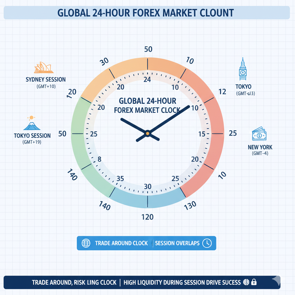 Forex trading sessions clock showing Sydney, Tokyo, London, and New York hours