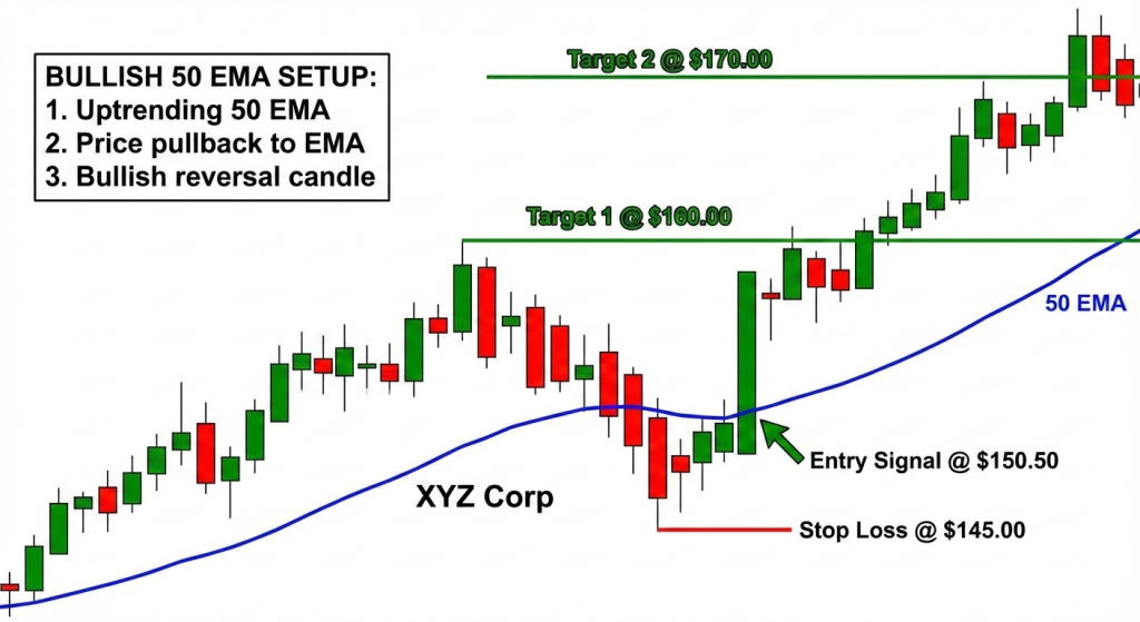 50 EMA bullish trade setup example showing entry signal, stop loss placement, and profit targets