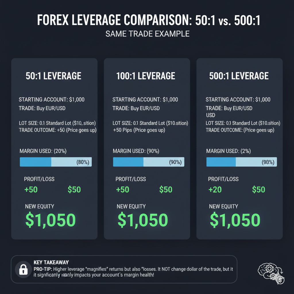 Comparing forex leverage ratios 50:1 vs 100:1 vs 500:1 with same trade example