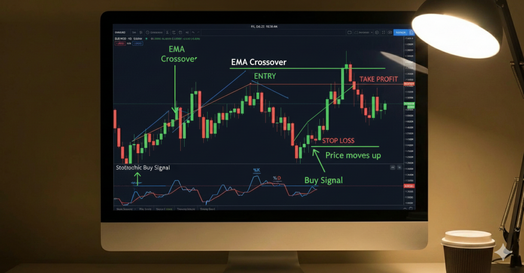Forex 5-minute scalping buy setup with EMA crossover and stochastic confirmation