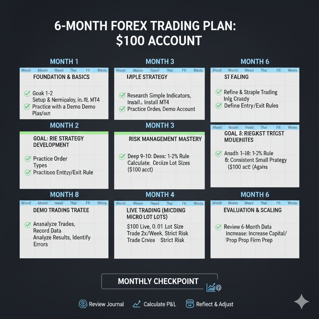 Six-month forex trading plan for $100 account with weekly and monthly goals