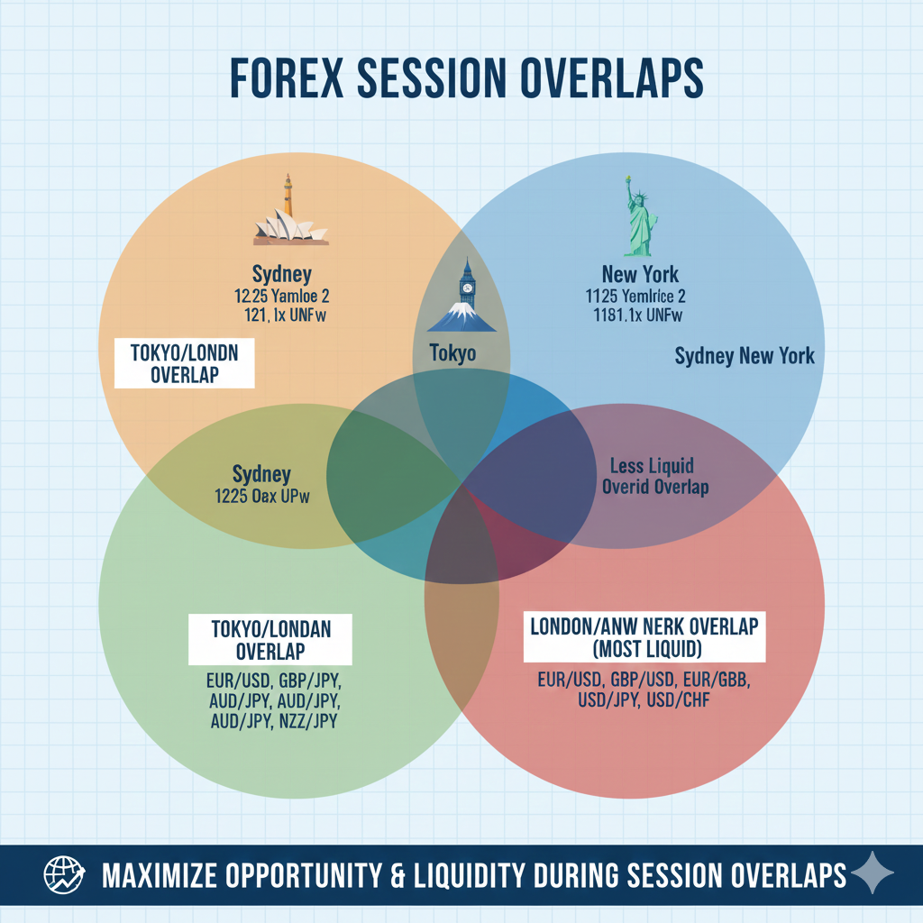 Forex session overlaps showing best currency pairs for each overlap period