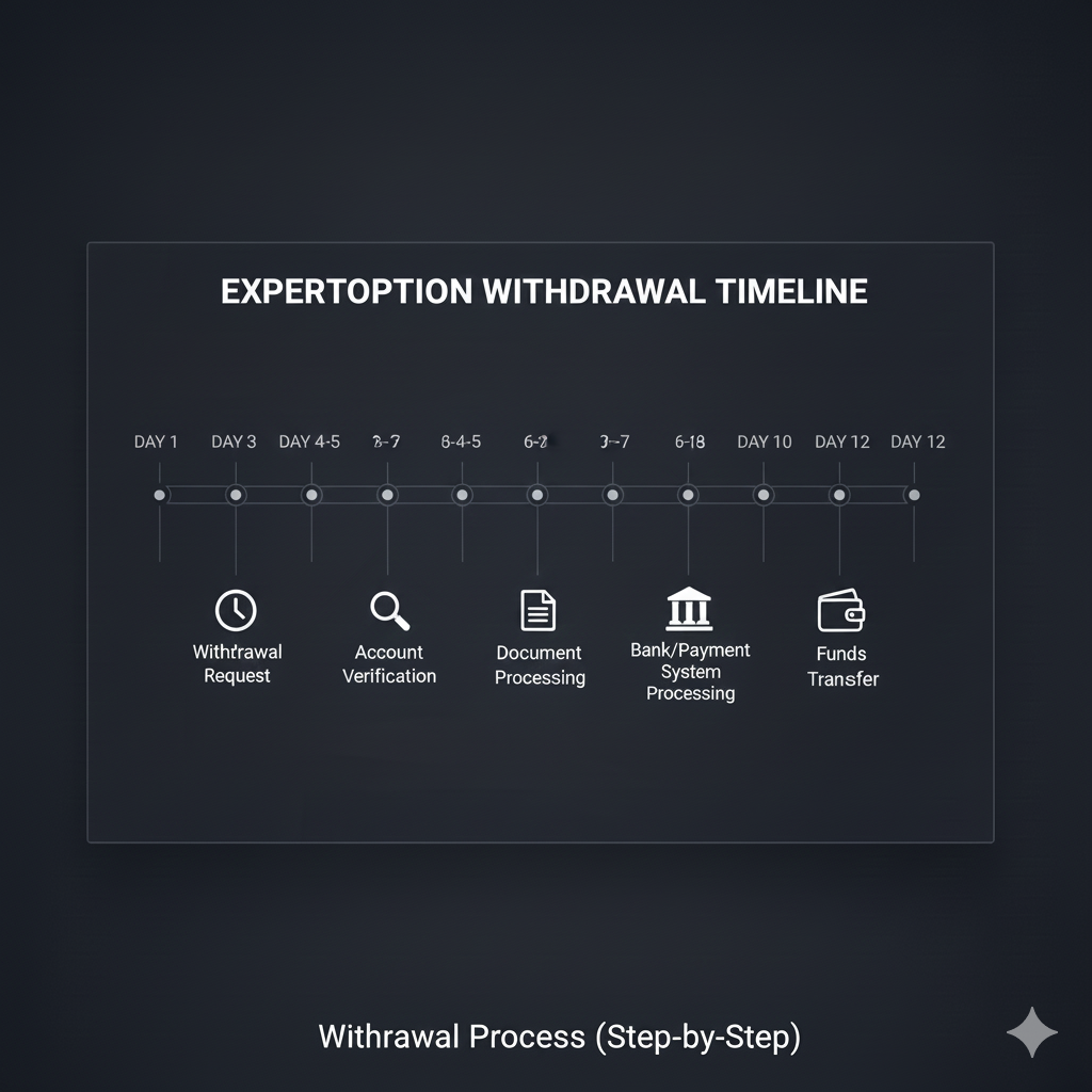 ExpertOption withdrawal timeline showing 12-day process from request to receipt with verification steps