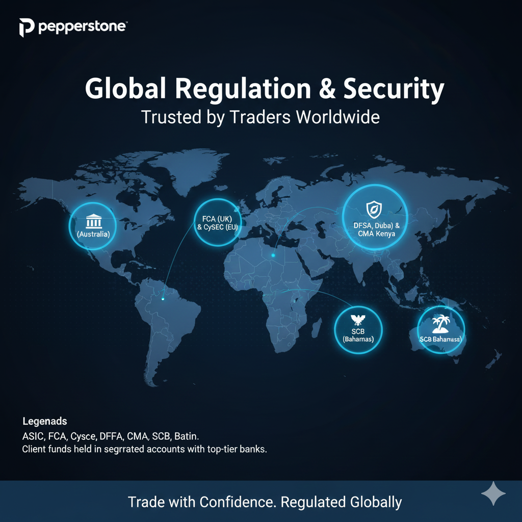 Pepperstone regulatory licenses worldwide including ASIC, FCA, CySEC, DFSA, SCB, CMA