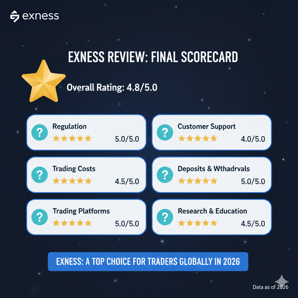 Exness broker review scorecard showing ratings for regulation, trading costs, platforms, customer support