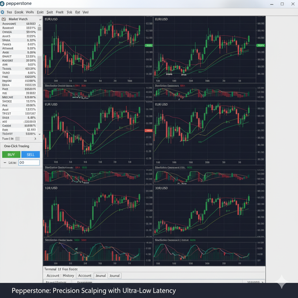 Pepperstone MetaTrader 4 platform with day trading setup showing multiple charts and one-click trading