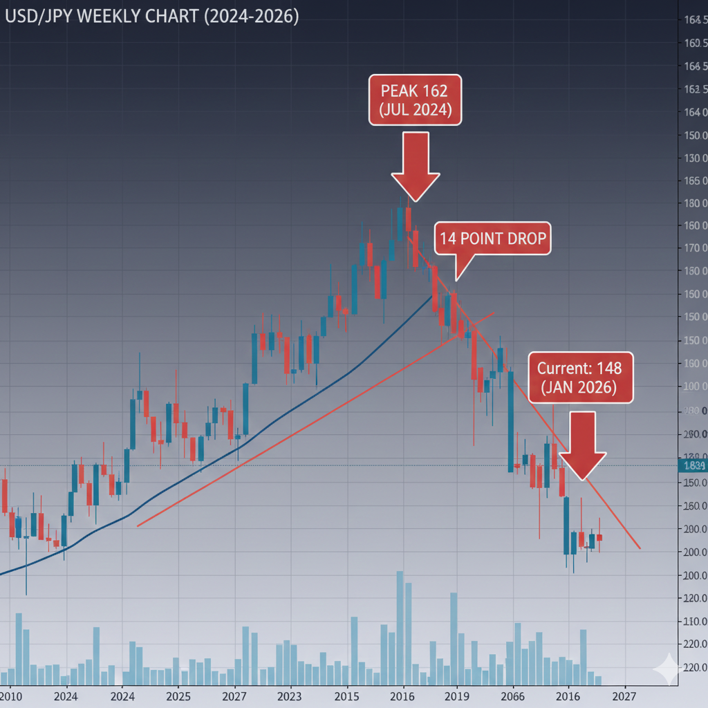 USD/JPY chart showing decline from 162 peak in 2024 to 148 in 2026