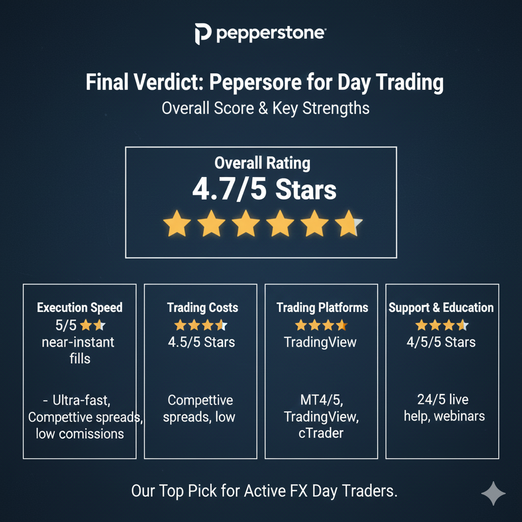 Pepperstone final review score showing 4.7/5 stars with breakdown by execution, costs, platforms, and support