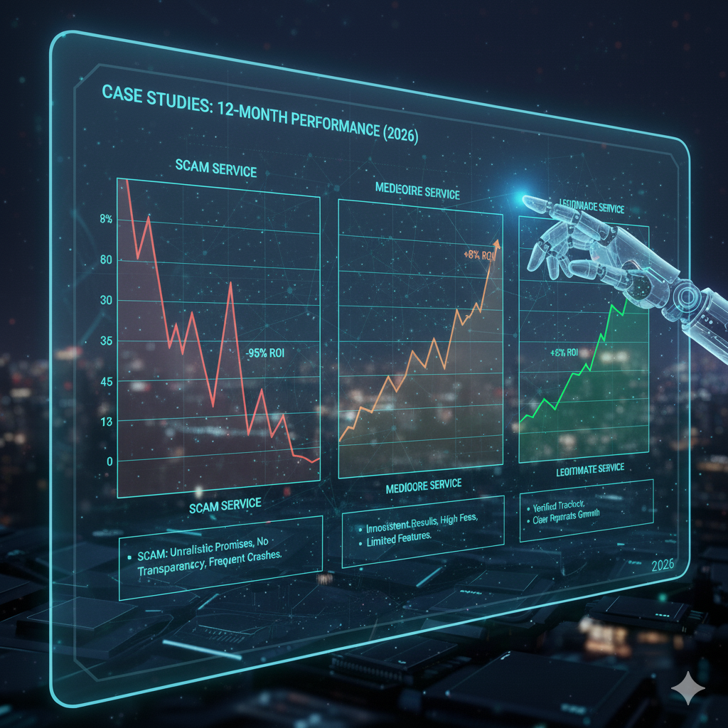 Comparison of three AI forex signal services showing real performance results from scam mediocre and legitimate providers