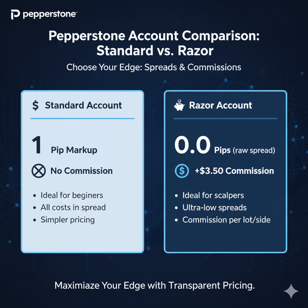 Pepperstone Standard vs Razor account commission structure comparison for day traders