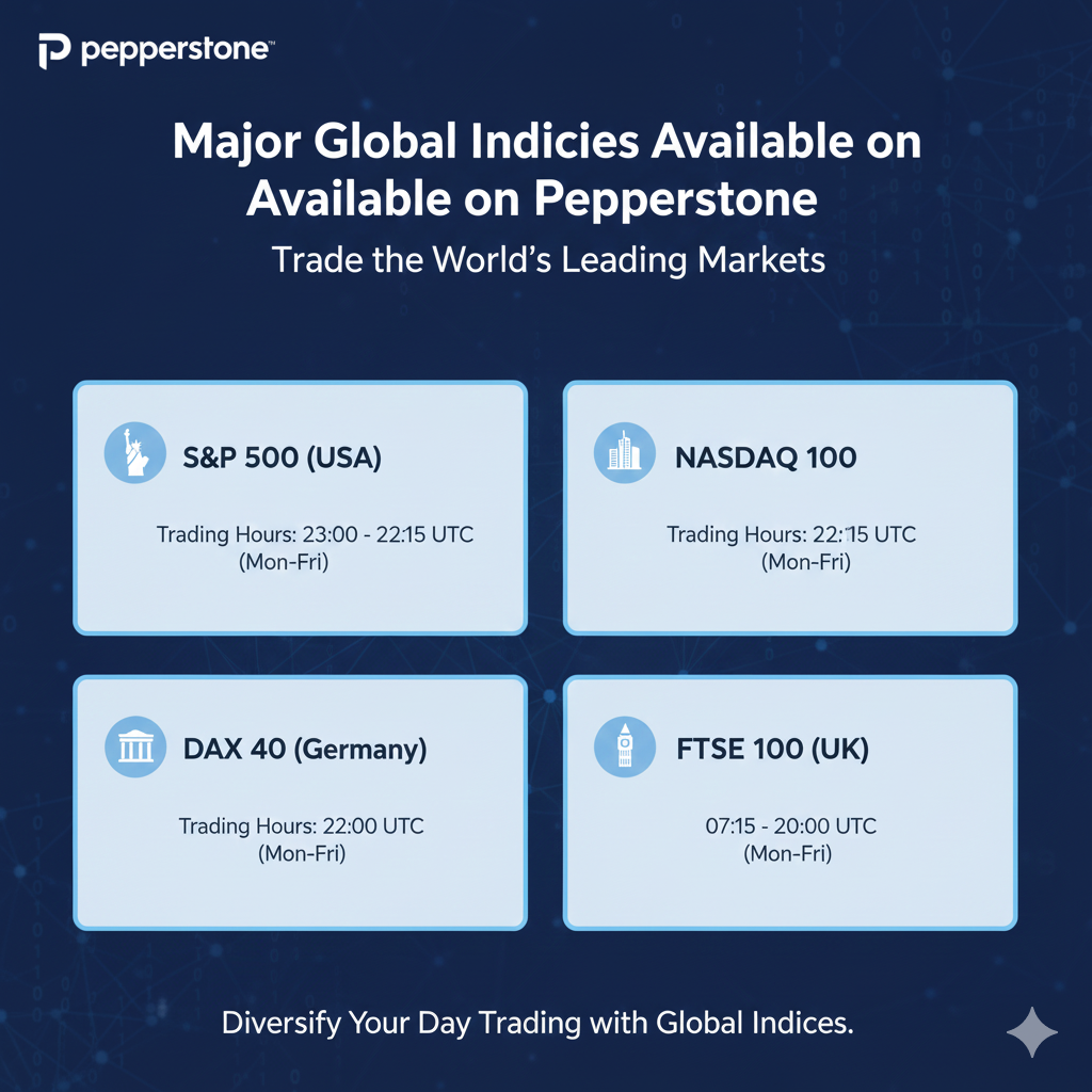 Pepperstone available indices for day trading including S&P 500, NASDAQ, DAX, FTSE