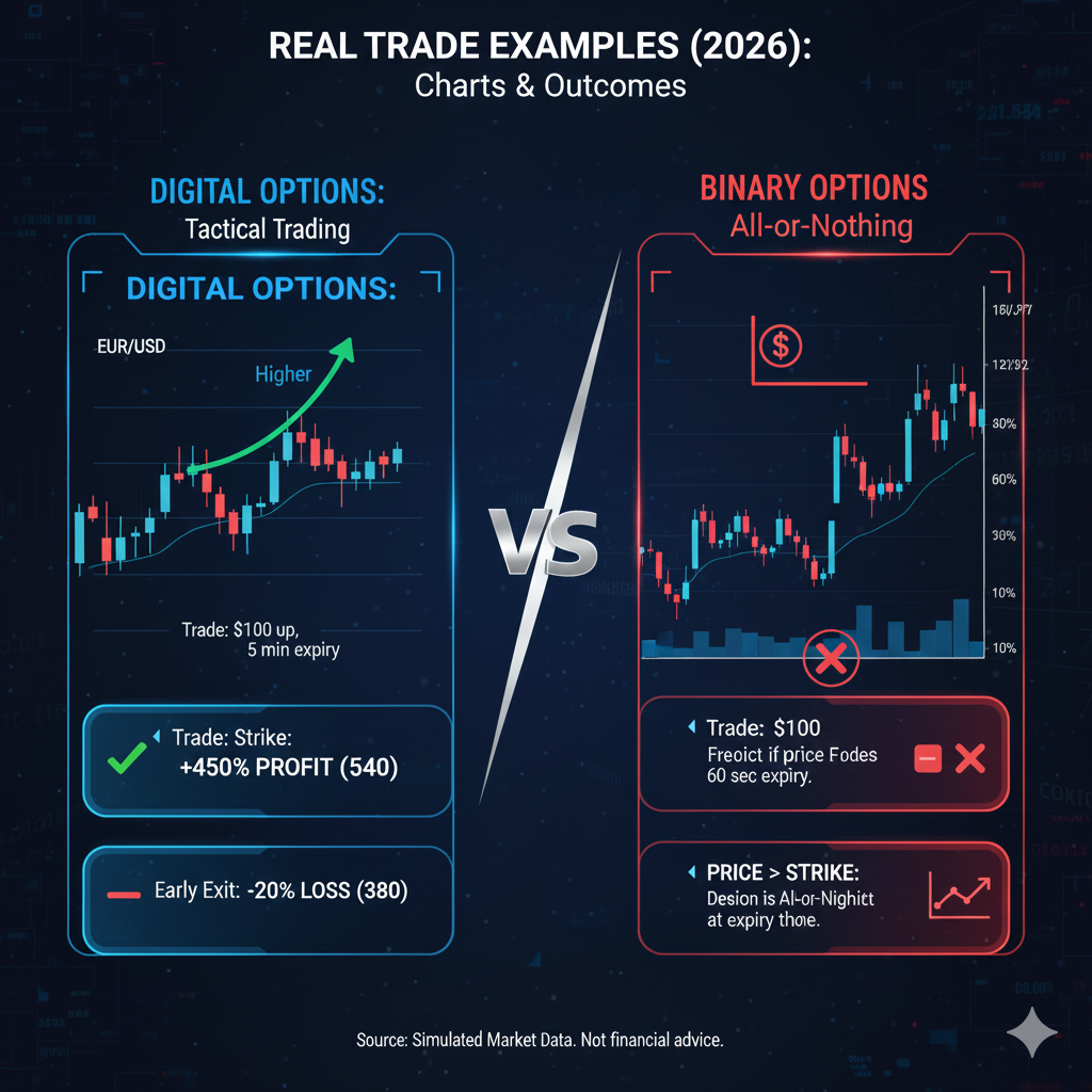 examples with charts and outcomes for both types] Alt Text: Real trading examples comparing binary options vs digital options trades with actual price charts and results