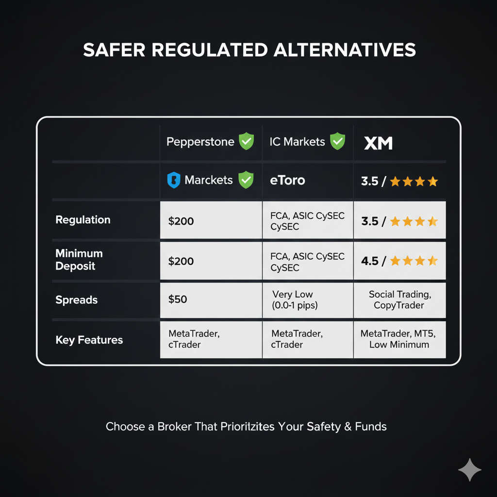 Safer regulated alternatives to ExpertOption including Pepperstone, IC Markets, eToro, and XM brokers