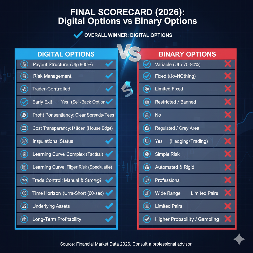 Digital options vs binary options final comparison scorecard showing overall winner across 15 categories