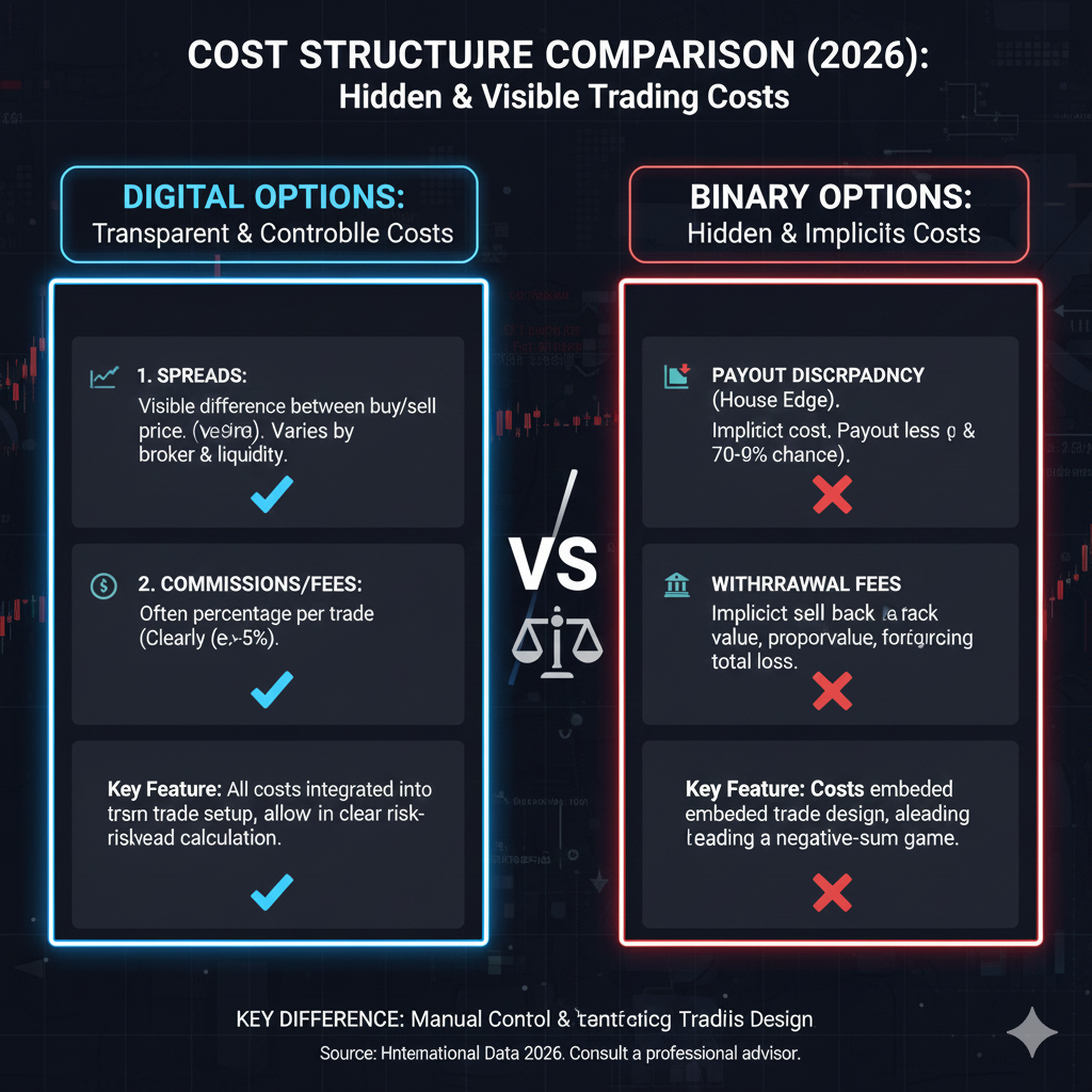 Digital options vs binary options cost structure comparison showing spreads, fees, and house edge