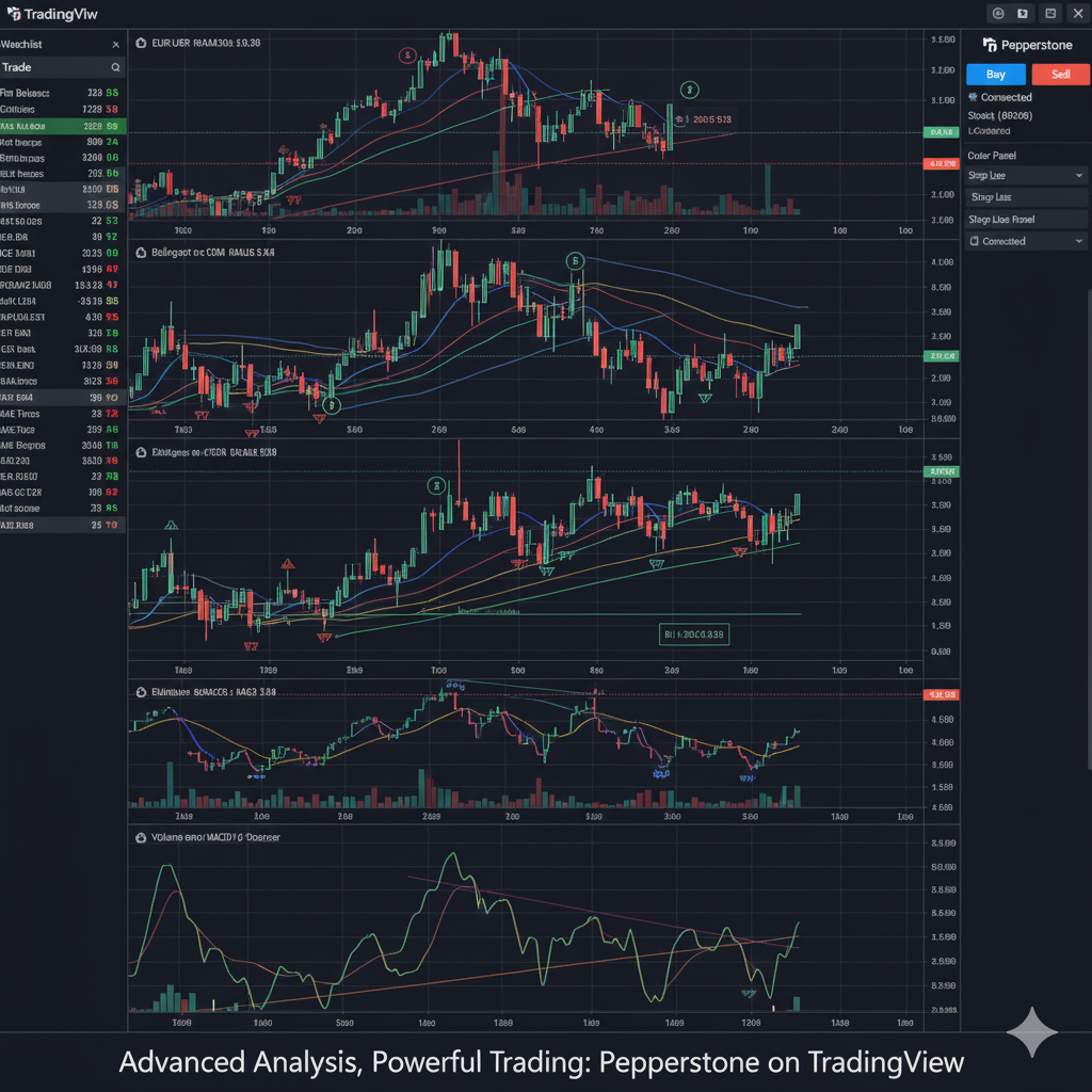TradingView platform integrated with Pepperstone showing advanced technical analysis tools