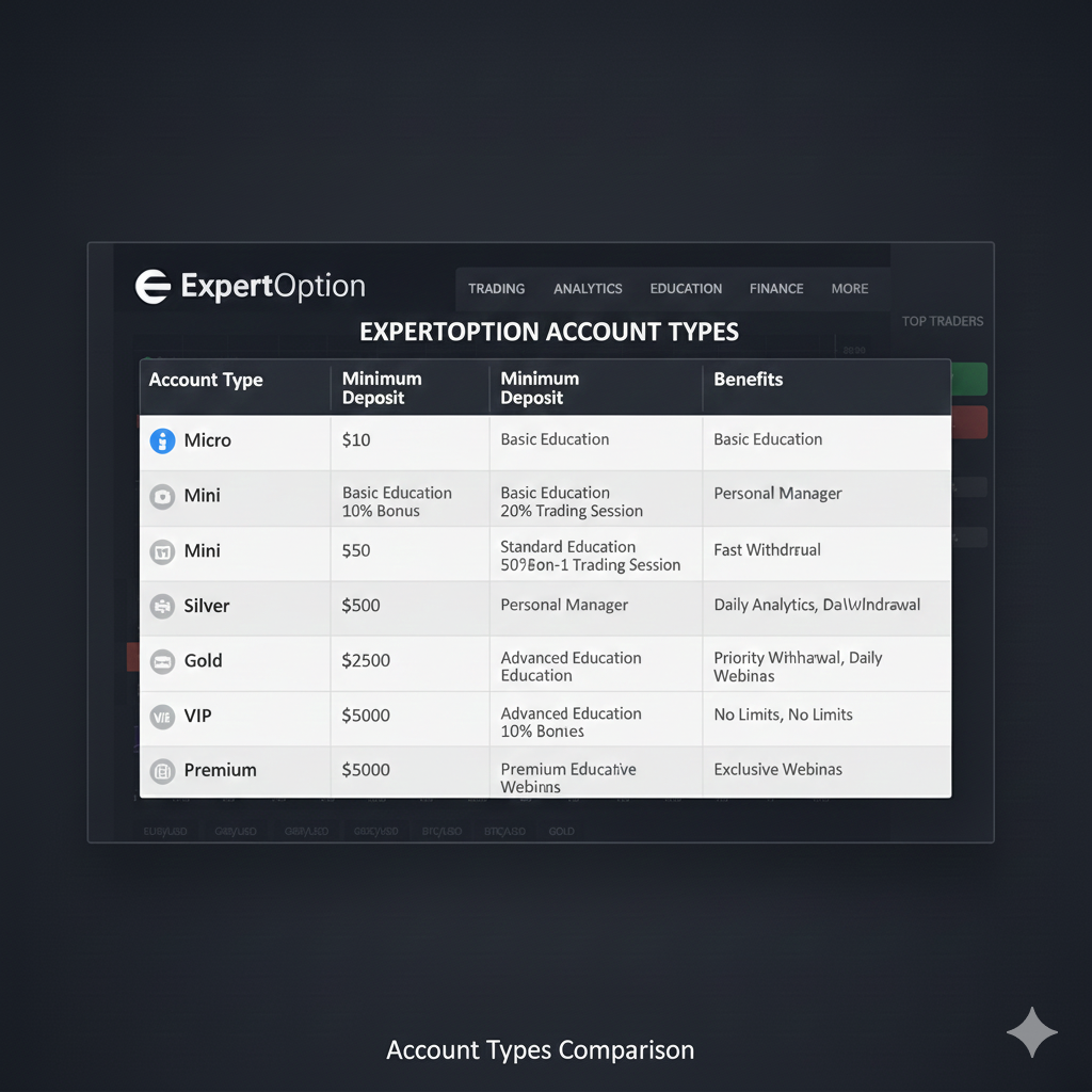  ExpertOption account types comparison showing Micro, Mini, Silver, Gold, and VIP features and benefits