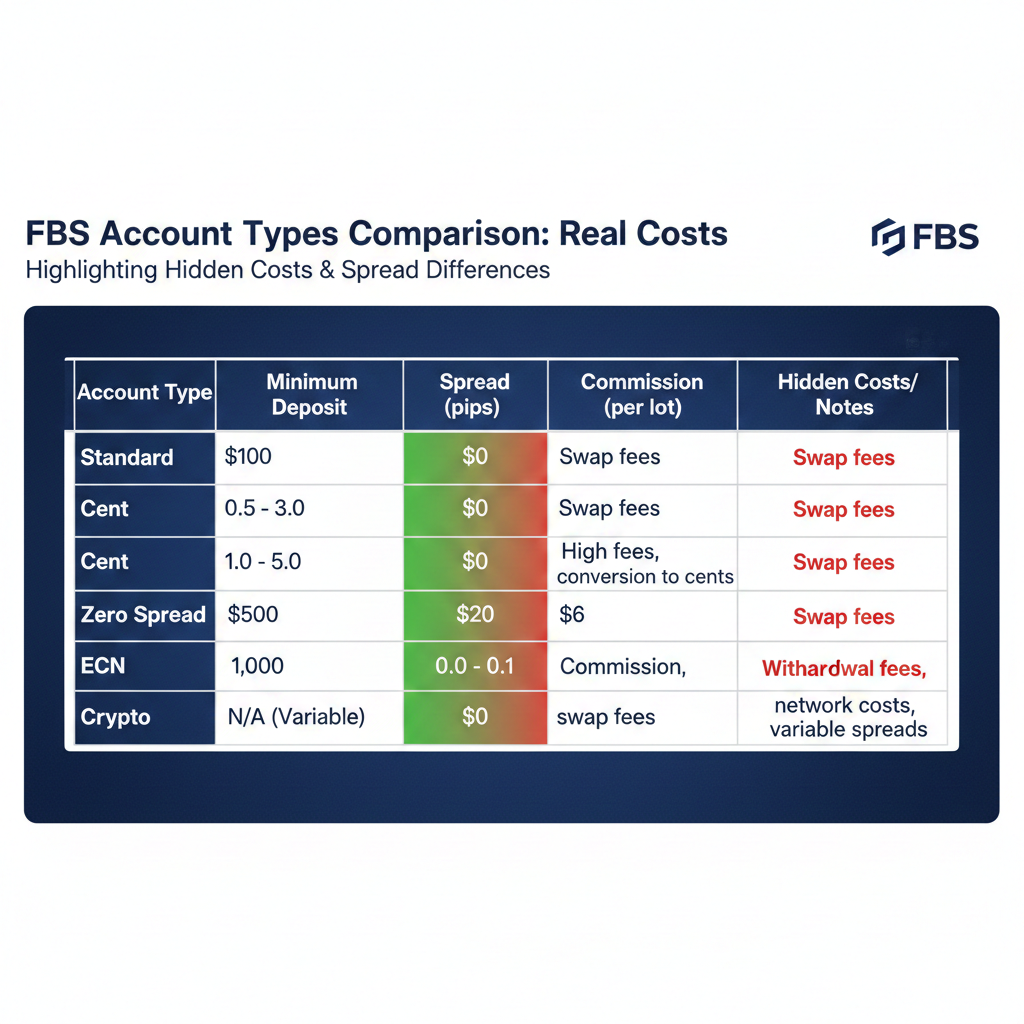 FBS account types comparison showing hidden costs and spread differences