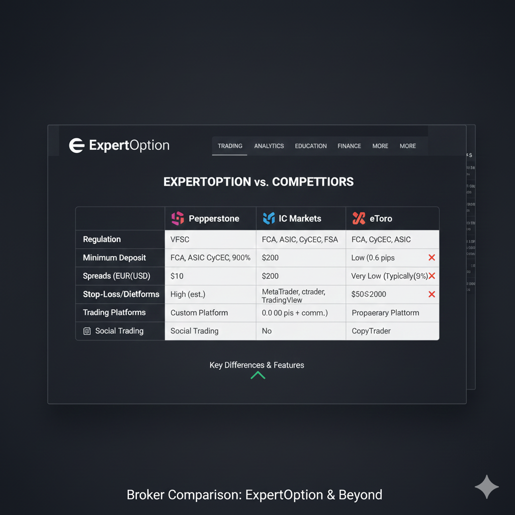 ExpertOption comparison with Pepperstone, IC Markets, and eToro showing regulation, costs, and features