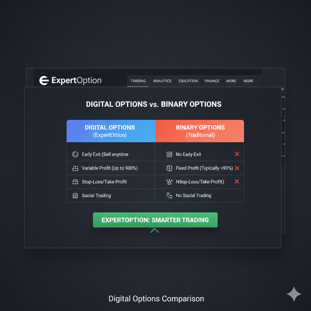 ExpertOption digital options comparison showing differences from binary options including early exit and variable profits