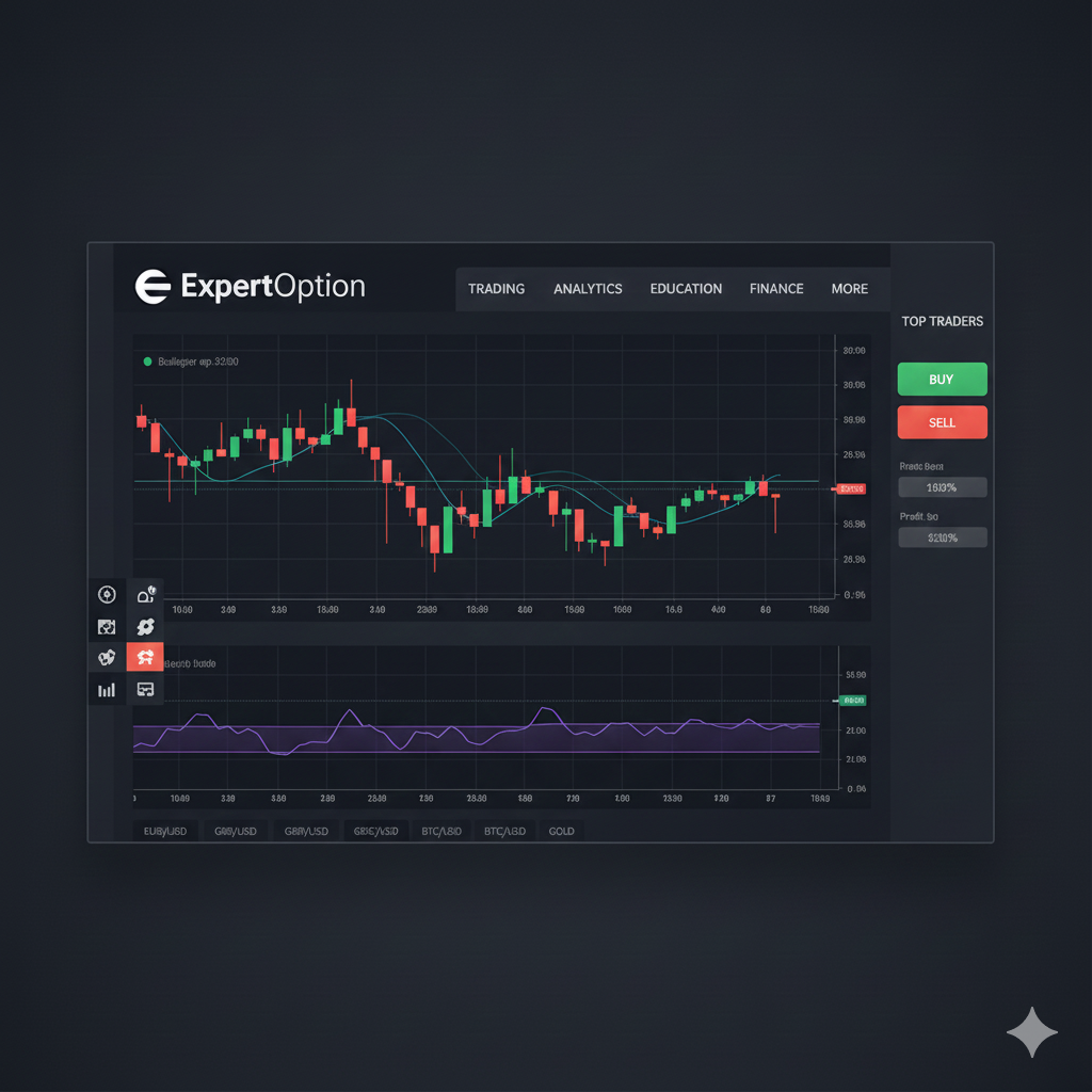 ExpertOption platform interface showing digital options charts, technical indicators, and trading tools