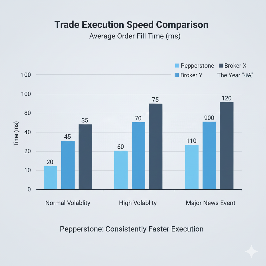 Pepperstone execution speed comparison chart showing average order fill times vs competitors