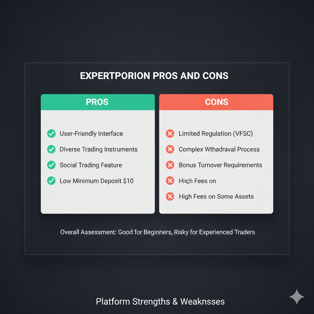 ExpertOption pros and cons scorecard showing platform strengths and weaknesses for traders