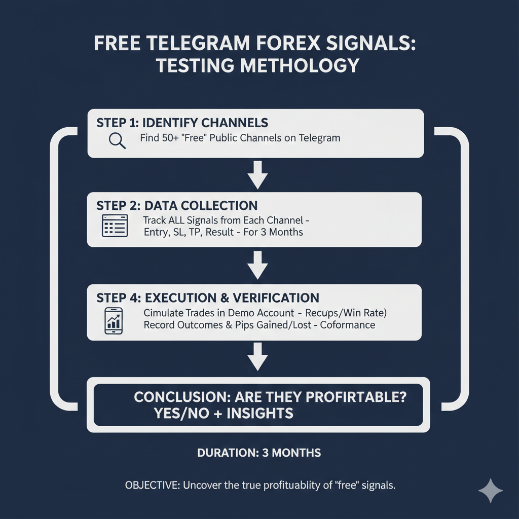 Free telegram forex signals testing methodology showing 50 channels tracked for 3 months