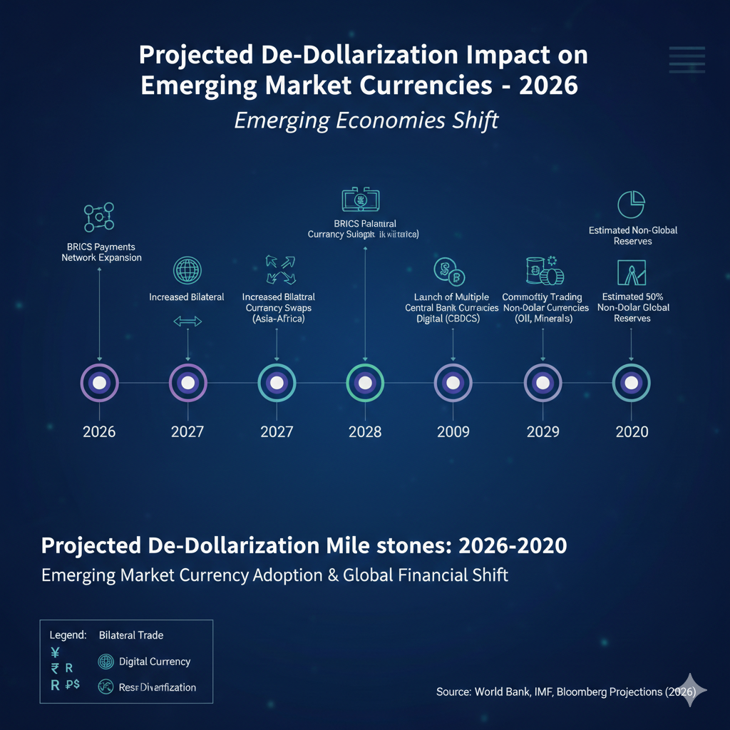Timeline showing future de-dollarization milestones and emerging market currency adoption