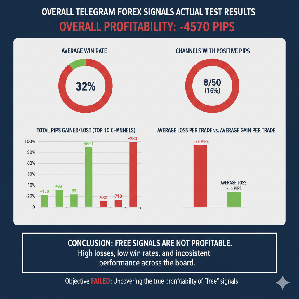 Free telegram forex signals actual test results showing low profitability and high losses across 50 channels