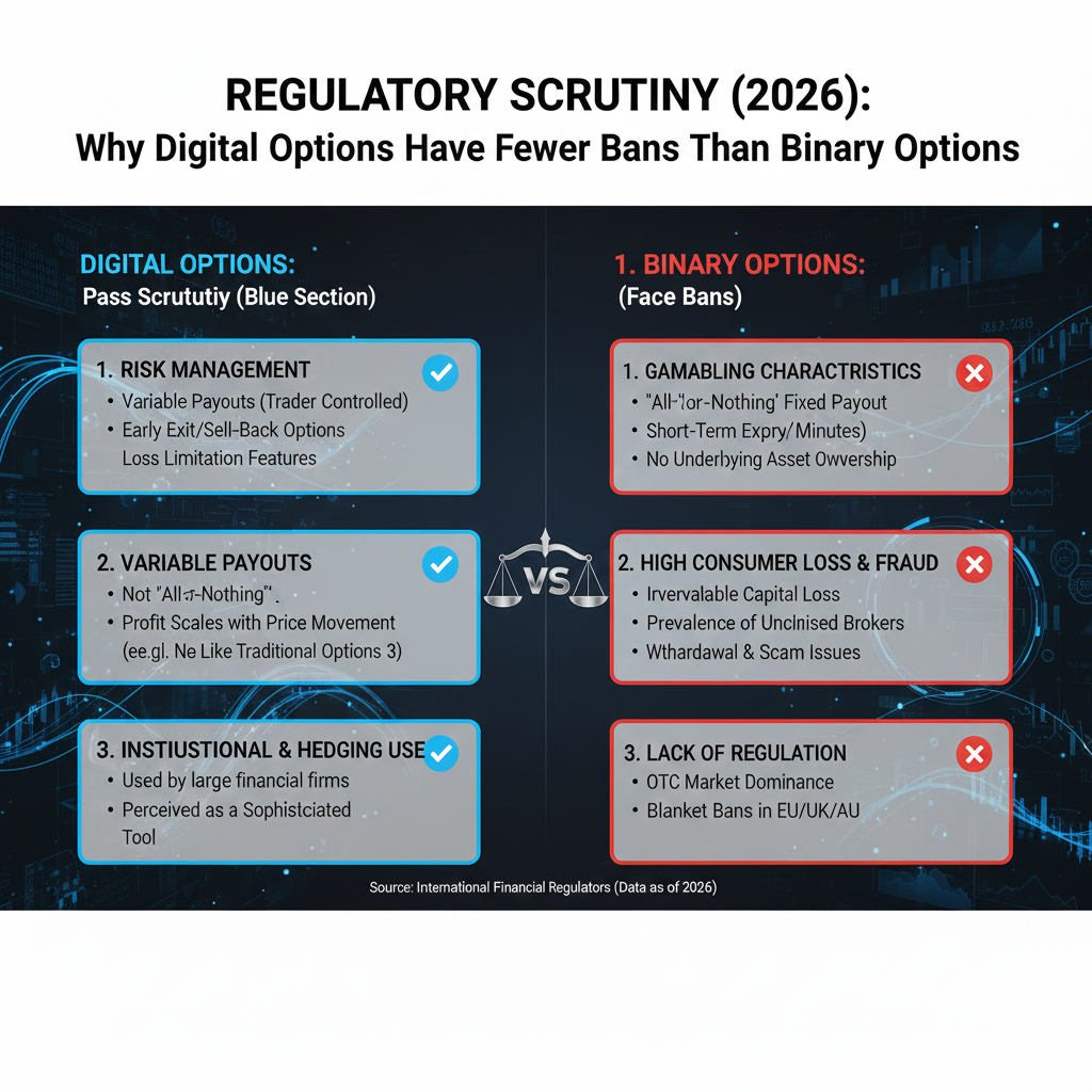 Digital options legality factors showing risk management, variable payouts, and institutional use cases